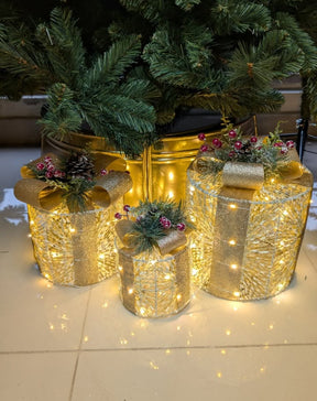 Kit 3 Caixas de Presente Natalinas com Luz de LED